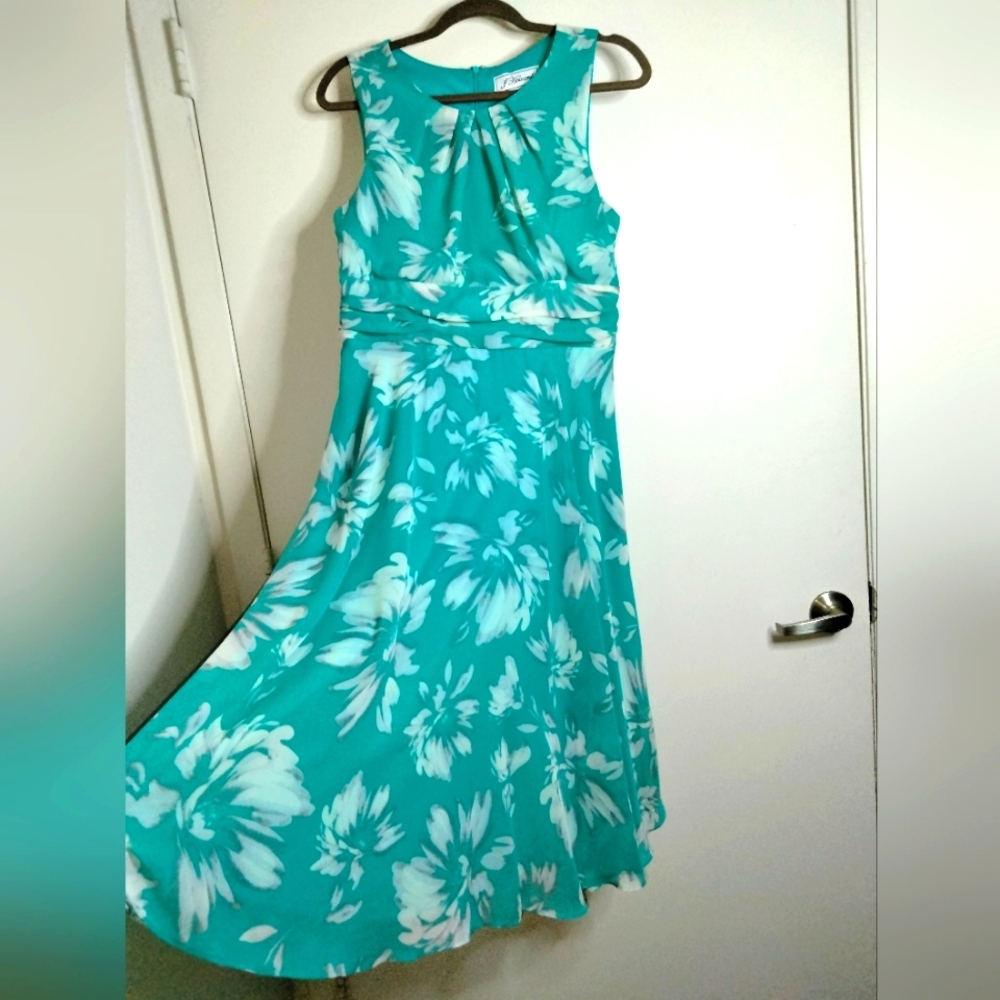 J. Howard (Size 8) Aqua Floral Ruffle Trim Spring Summer Sleeveless Dress